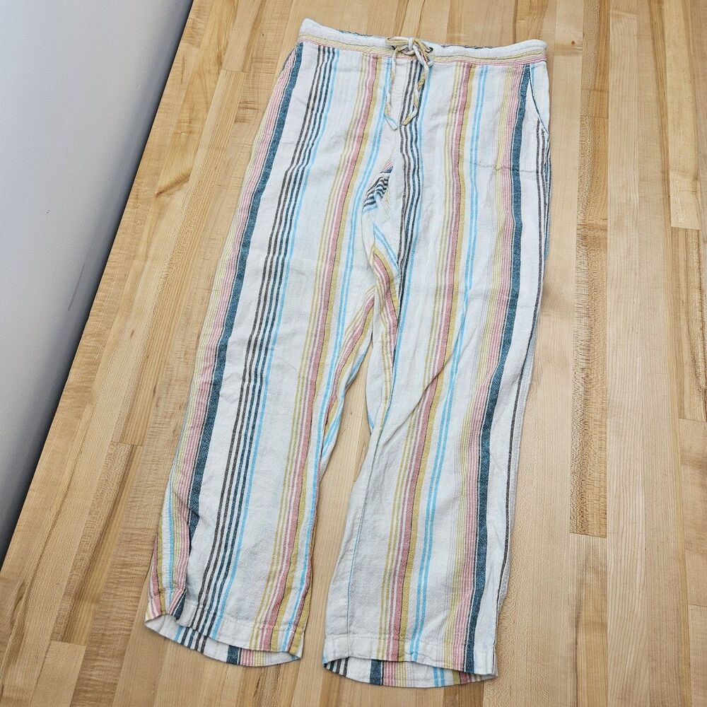 PER SE Linen Chambray MED Drawstring Pants Colorful Striped Beachy Summer Vacay - Picture 2 of 7